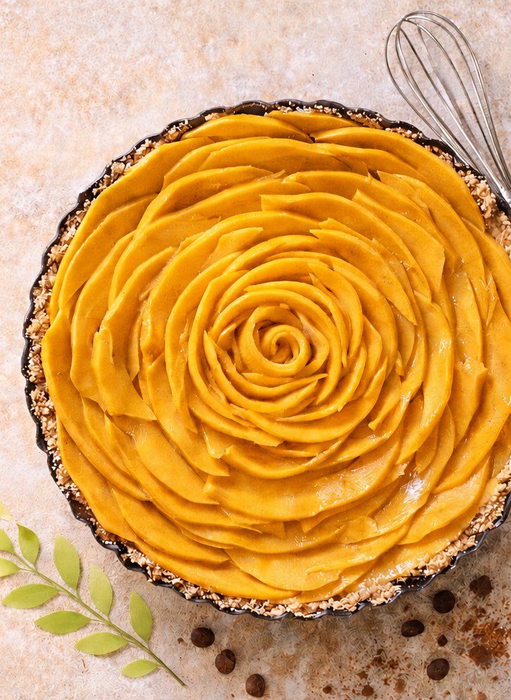 Gluten-free mango tart arranged like a rose, with fresh leaves alongside