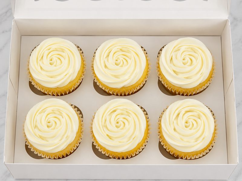 Box of six gluten-free vanilla cupcakes with hand-piped rosette frosting