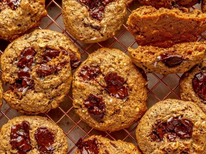 Gluten-free chocolate chunk cookies on a cooling rack