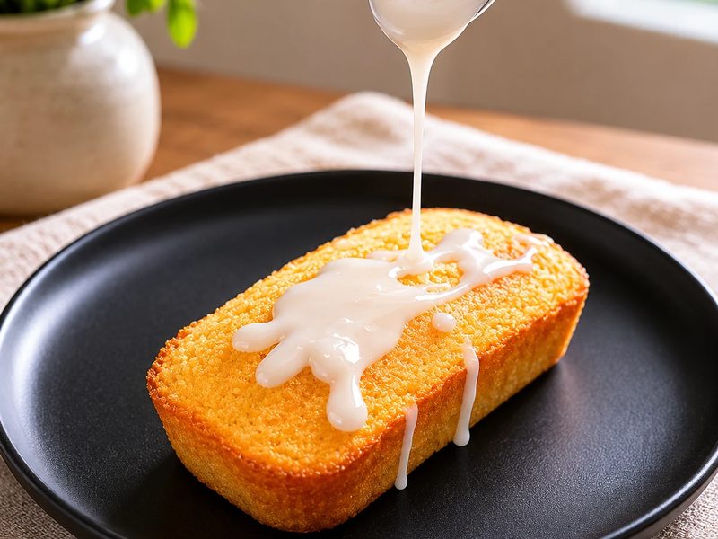 Gluten-free loaf cake with glaze being drizzled over the top